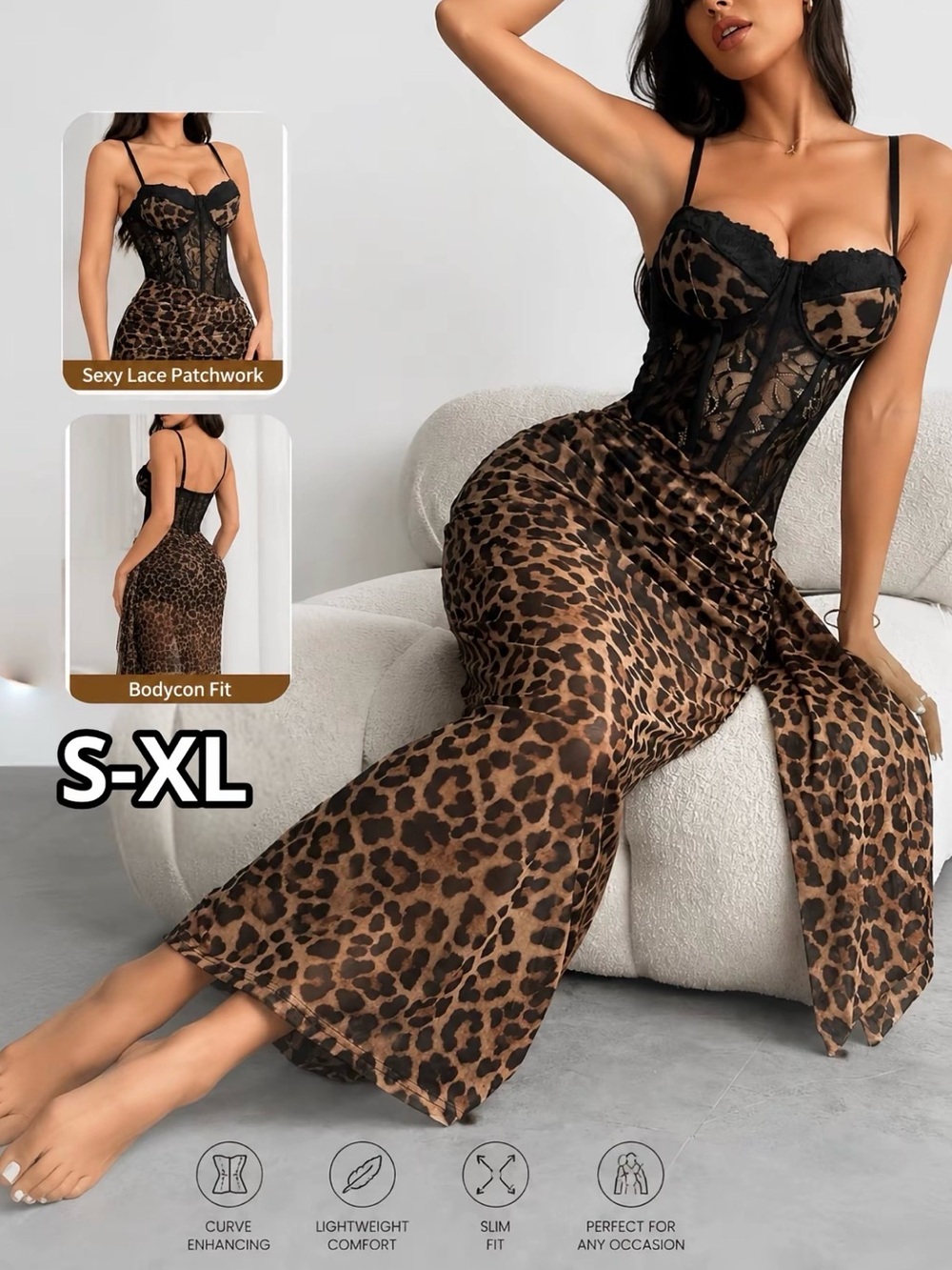 Elegant & Sexy Leopard Print Corset Chemise Bodycone Lace Mesh Dress - New